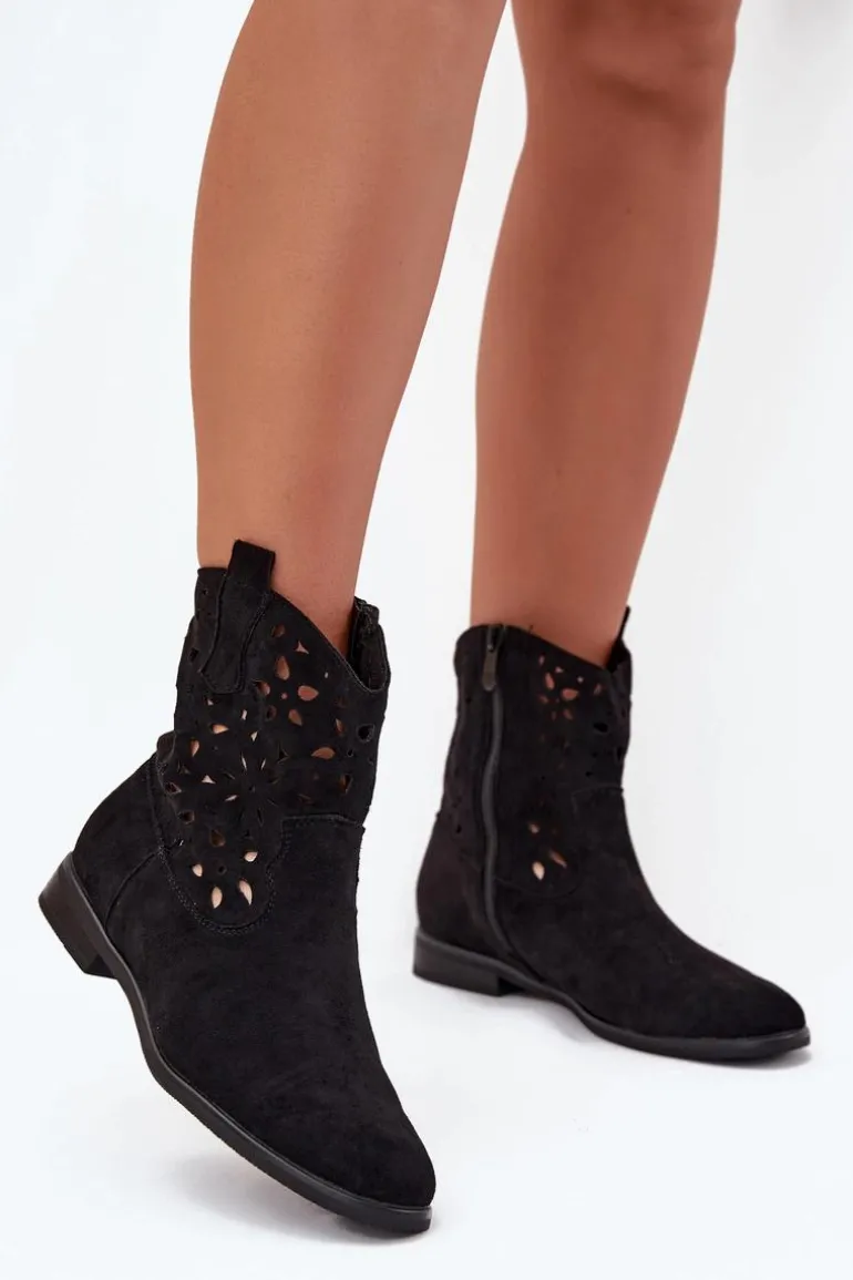 Botki Damskie Z Ażurowym Wzorem Na Płaskim Obcasie Eko Zamszowe Czarne Athera