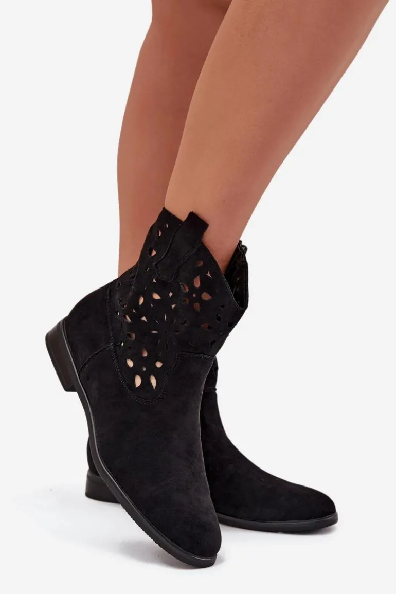 Botki Damskie Z Ażurowym Wzorem Na Płaskim Obcasie Eko Zamszowe Czarne Athera