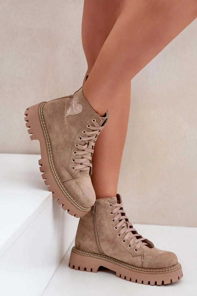 Botki Damskie Z Brokatowym Sercem Ciemnobeżowe Nariri