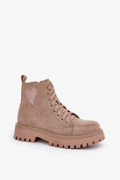 Botki Damskie Z Brokatowym Sercem Ciemnobeżowe Nariri