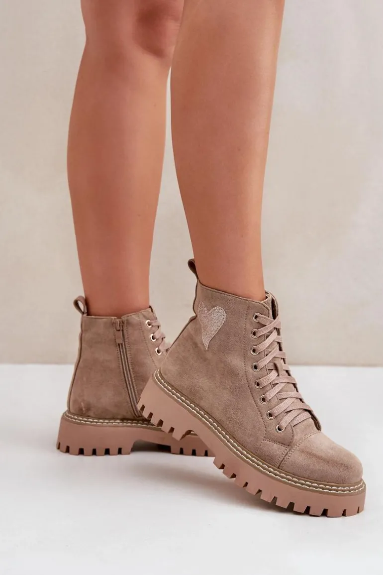 Botki Damskie Z Brokatowym Sercem Ciemnobeżowe Nariri