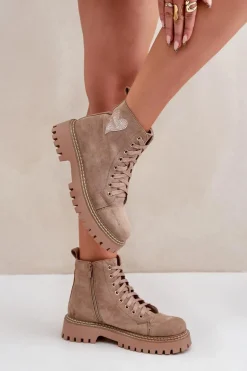 Botki Damskie Z Brokatowym Sercem Ciemnobeżowe Nariri