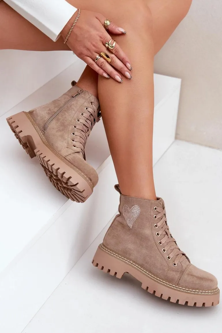 Botki Damskie Z Brokatowym Sercem Ciemnobeżowe Nariri