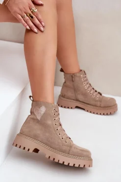 Botki Damskie Z Brokatowym Sercem Ciemnobeżowe Nariri