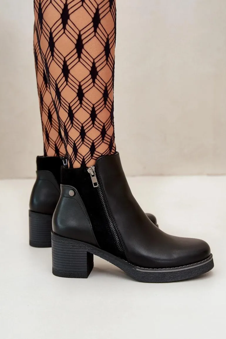Botki Damskie Z Eko Skóry Na Słupku Ocieplane Czarne Revianna