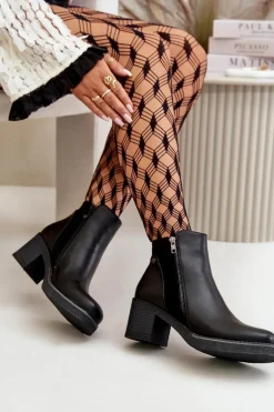 Botki Damskie Z Eko Skóry Na Słupku Ocieplane Czarne Revianna