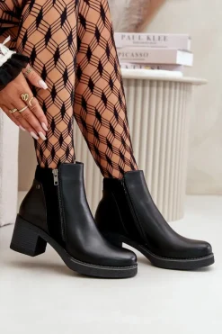 Botki Damskie Z Eko Skóry Na Słupku Ocieplane Czarne Revianna