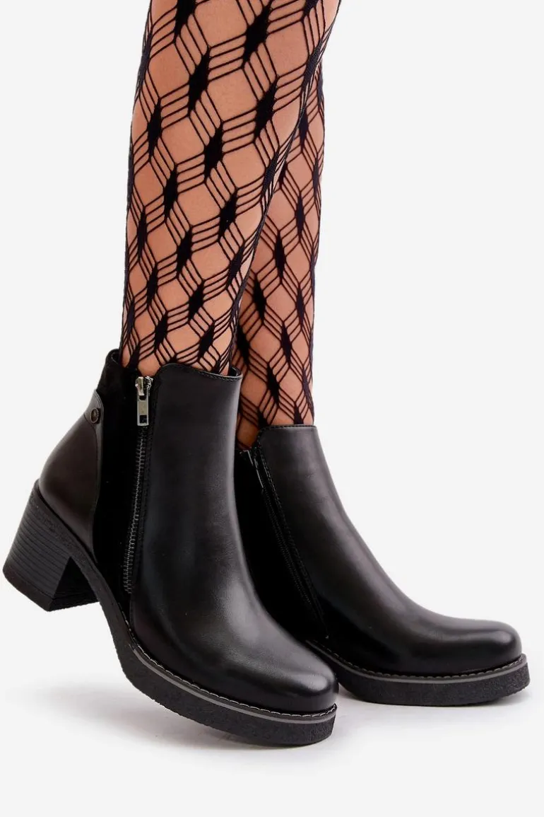 Botki Damskie Z Eko Skóry Na Słupku Ocieplane Czarne Revianna