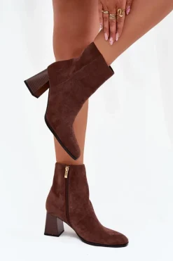 Botki Damskie Z Eko Zamszu Na Słupku Zamek Brązowe Zelita