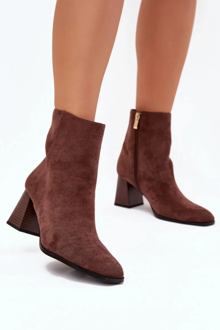 Botki Damskie Z Eko Zamszu Na Słupku Zamek Brązowe Zelita