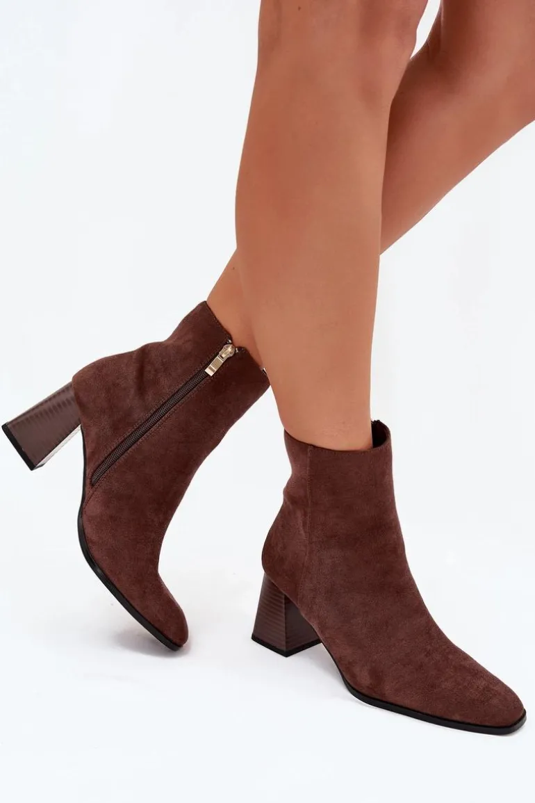 Botki Damskie Z Eko Zamszu Na Słupku Zamek Brązowe Zelita