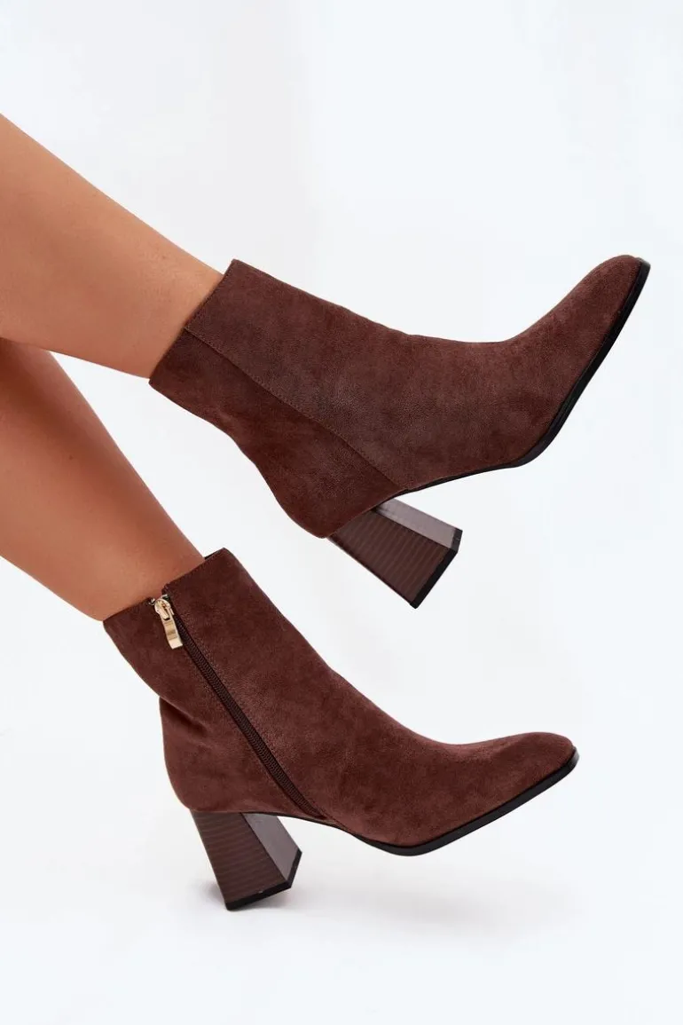 Botki Damskie Z Eko Zamszu Na Słupku Zamek Brązowe Zelita