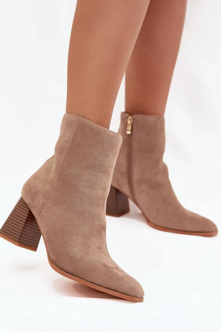 Botki Damskie Z Eko Zamszu Na Słupku Zamek Beżowe Zelita