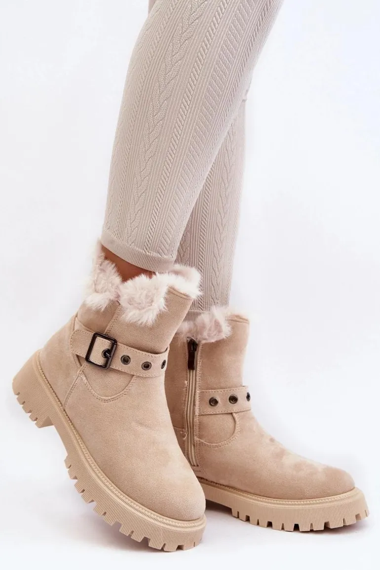 Botki Damskie Z Futerkiem Na Suwak Beżowe Morcos