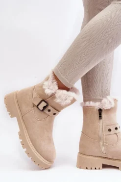 Botki Damskie Z Futerkiem Na Suwak Beżowe Morcos