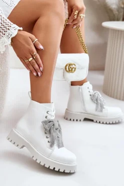 Botki Damskie Z Kokardą Białe Ocenttia