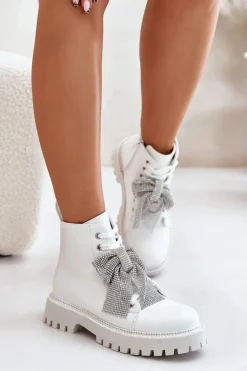 Botki Damskie Z Kokardą Białe Ocenttia