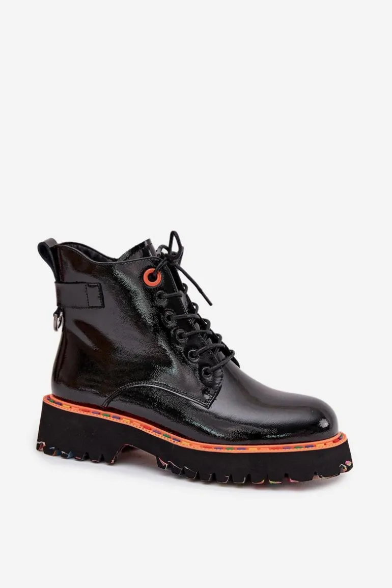 Botki Damskie Z Lakierowanej Skóry Naturalnej Ocieplane Artiker 57C0061 Czarne