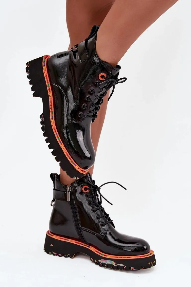 Botki Damskie Z Lakierowanej Skóry Naturalnej Ocieplane Artiker 57C0061 Czarne