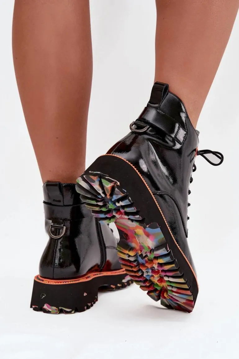 Botki Damskie Z Lakierowanej Skóry Naturalnej Ocieplane Artiker 57C0061 Czarne