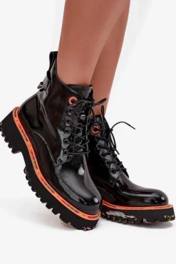 Botki Damskie Z Lakierowanej Skóry Naturalnej Ocieplane Artiker 57C0061 Czarne