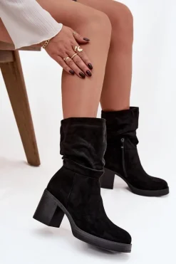 Botki Damskie Z Marszczeniem Na Słupku Ocieplane Czarne Amoria