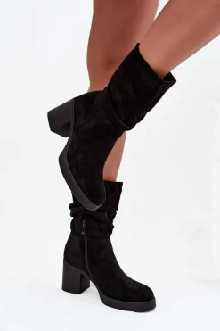 Botki Damskie Z Marszczeniem Na Słupku Ocieplane Czarne Amoria