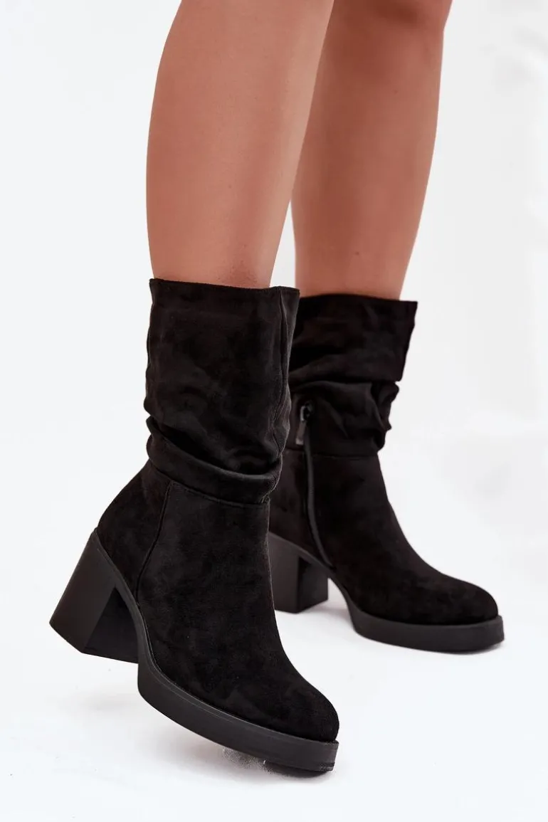 Botki Damskie Z Marszczeniem Na Słupku Ocieplane Czarne Amoria