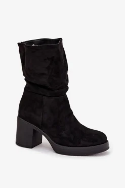 Botki Damskie Z Marszczeniem Na Słupku Ocieplane Czarne Amoria