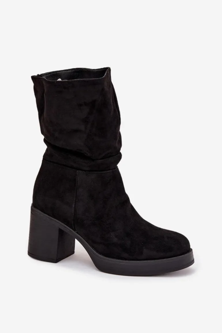 Botki Damskie Z Marszczeniem Na Słupku Ocieplane Czarne Amoria