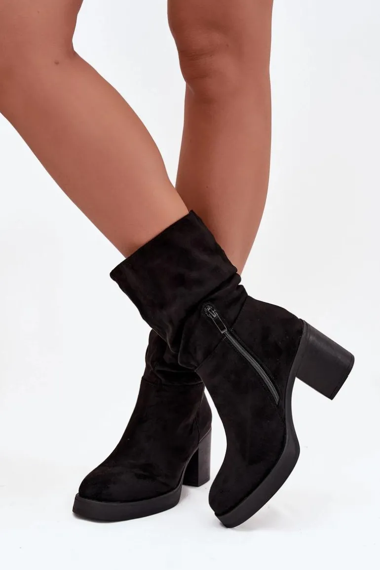 Botki Damskie Z Marszczeniem Na Słupku Ocieplane Czarne Amoria