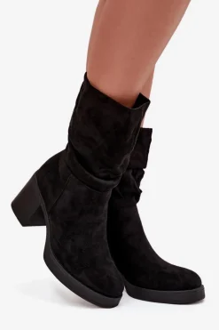 Botki Damskie Z Marszczeniem Na Słupku Ocieplane Czarne Amoria