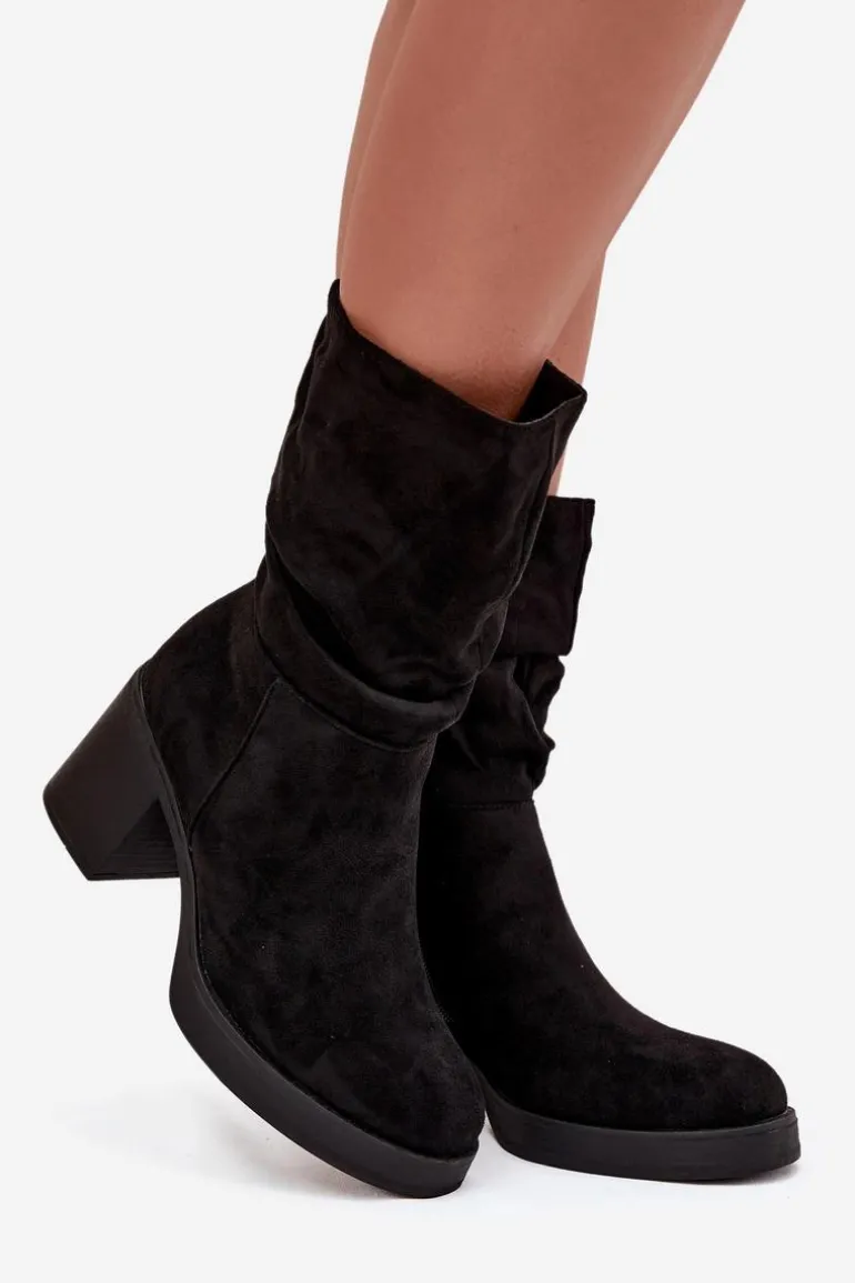 Botki Damskie Z Marszczeniem Na Słupku Ocieplane Czarne Amoria
