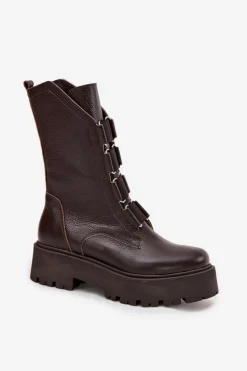 Botki Damskie Z Naturalnej Skóry Na Platformie Zazoo 3795 Czekoladowe