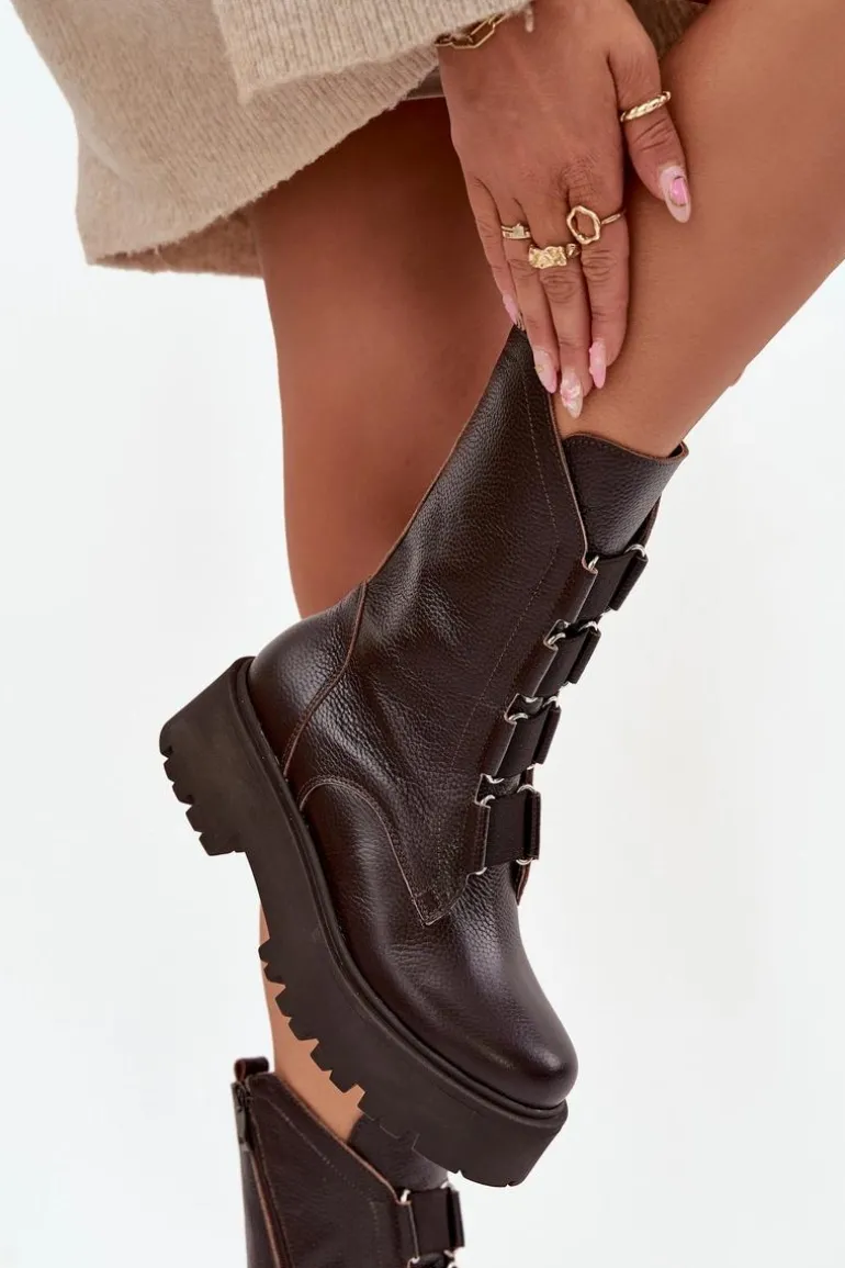 Botki Damskie Z Naturalnej Skóry Na Platformie Zazoo 3795 Czekoladowe