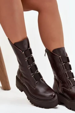 Botki Damskie Z Naturalnej Skóry Na Platformie Zazoo 3795 Czekoladowe