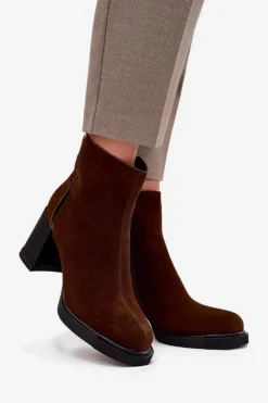 Botki Damskie Z Naturalnego Zamszu Na Słupku Ocieplane Vinceza 91141 Brązowe