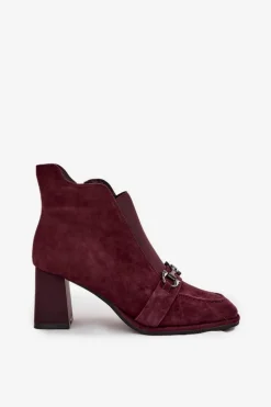 Botki Damskie Z Naturalnego Zamszu Na Słupku Artiker 57C0222 Bordowe
