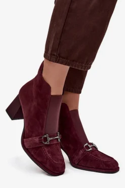 Botki Damskie Z Naturalnego Zamszu Na Słupku Artiker 57C0222 Bordowe