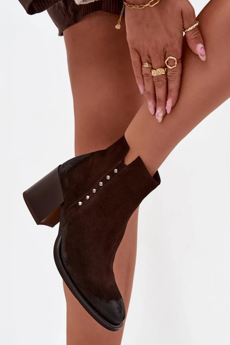 Botki Damskie Z Naturalnego Zamszu Na Słupku Zazoo 1136 Czekoladowe