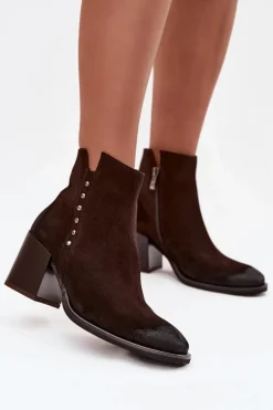 Botki Damskie Z Naturalnego Zamszu Na Słupku Zazoo 1136 Czekoladowe