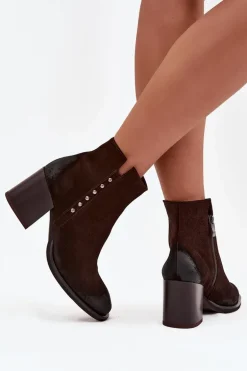 Botki Damskie Z Naturalnego Zamszu Na Słupku Zazoo 1136 Czekoladowe