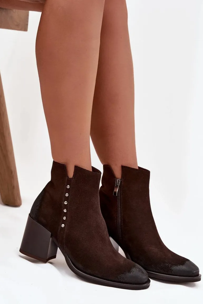 Botki Damskie Z Naturalnego Zamszu Na Słupku Zazoo 1136 Czekoladowe