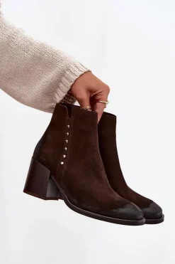 Botki Damskie Z Naturalnego Zamszu Na Słupku Zazoo 1136 Czekoladowe