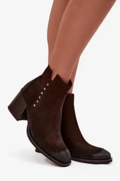 Botki Damskie Z Naturalnego Zamszu Na Słupku Zazoo 1136 Czekoladowe