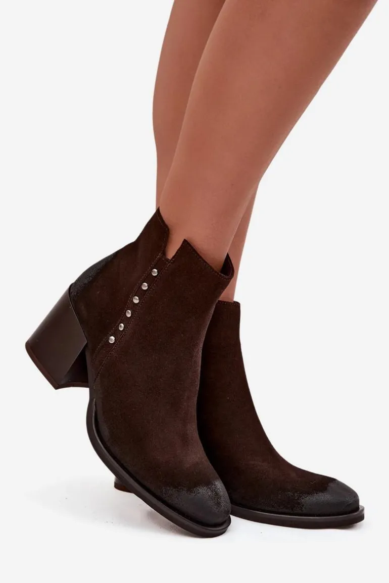 Botki Damskie Z Naturalnego Zamszu Na Słupku Zazoo 1136 Czekoladowe