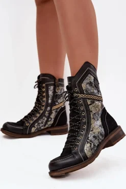Botki Damskie Z Naturalnej Skóry Maciejka 07097-01 Czarno-Złote