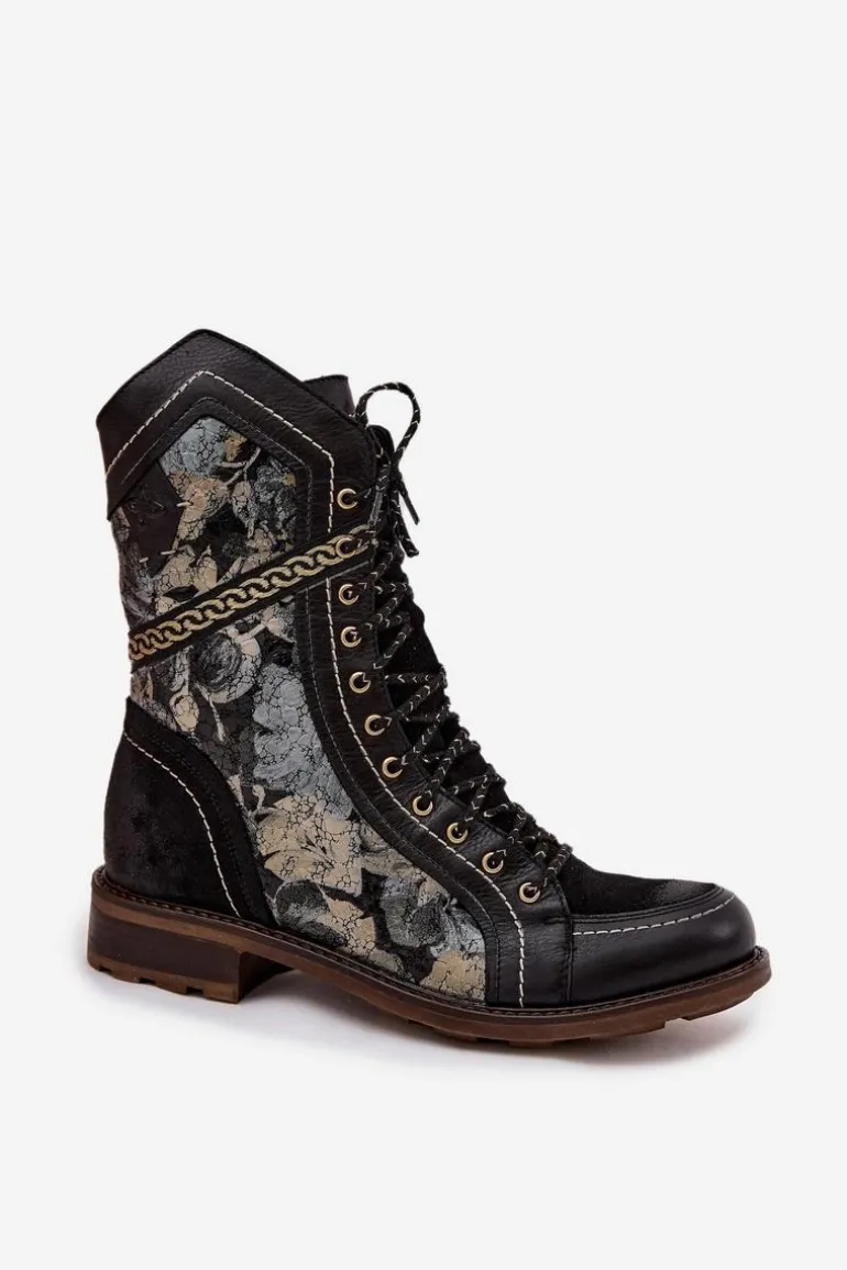 Botki Damskie Z Naturalnej Skóry Maciejka 07097-01 Czarno-Złote