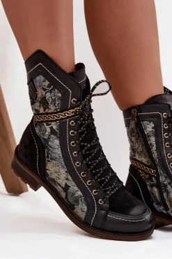 Botki Damskie Z Naturalnej Skóry Maciejka 07097-01 Czarno-Złote
