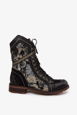 Botki Damskie Z Naturalnej Skóry Maciejka 07097-01 Czarno-Złote